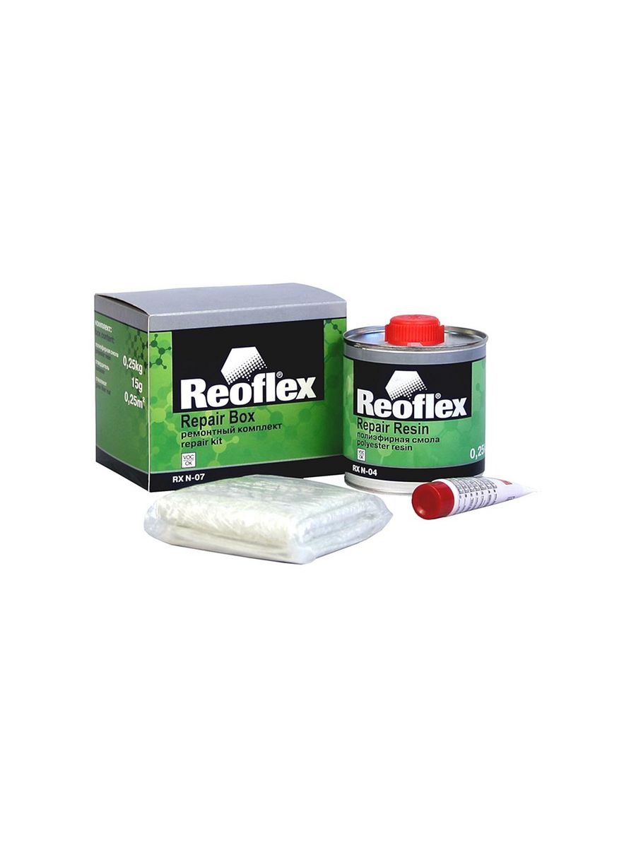 Repair box. Полиэфирная смола 2к 1кг+отвердитель 25гр Reoflex. Reoflex ремкомплект (смола+стекломат+СТВ). Reoflex ремкомплект для пластиков 4* RX N-07/50.