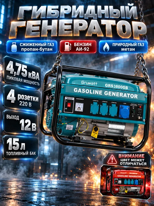 Gruwatt Бензиновый генератор гибридный 3,8 кВт, 3 8 газовый
