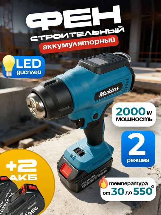 TechWise Фен строительный с 2 аккумуляторами, термофен, синий
