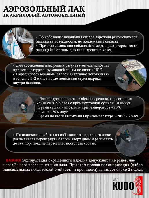 KUDO Аэрозольный 1K акриловый лак, глянцевый, 2 шт, 2 шт, фото 2