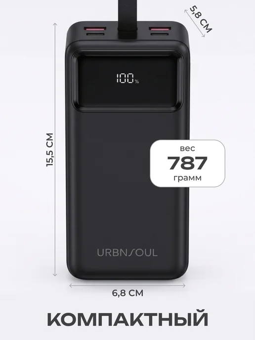 URBNSOUL Повербанк 50000 с быстрой зарядкой, черный, фото 5