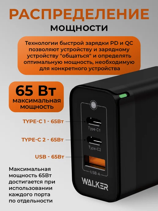 WALKER Быстрая зарядка type-c GAN 65W, 65 Вт, фото 5