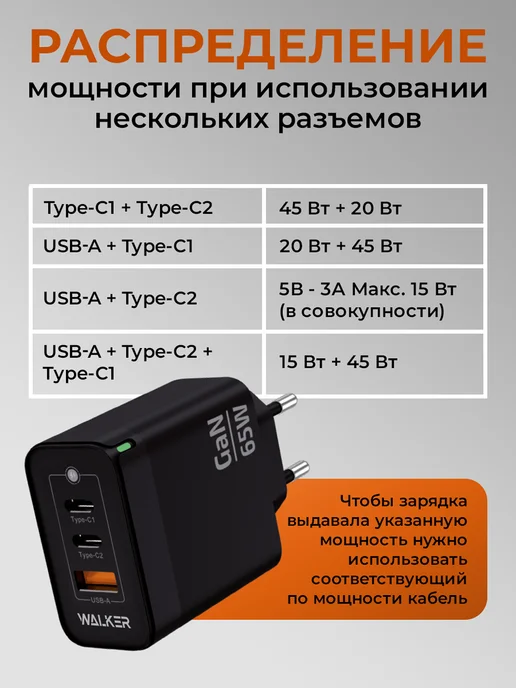WALKER Быстрая зарядка type-c GAN 65W, 65 Вт, фото 6