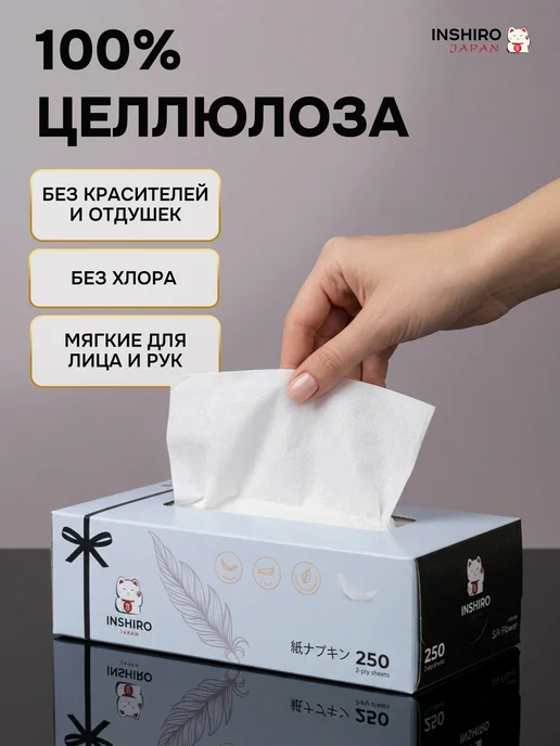 INSHIRO Салфетки бумажные в коробке 1250 шт на стол сухие, 1250 шт, фото 5