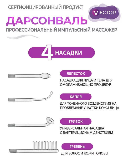 Wector Дарсонваль импульсный массажер для тела, лица и волос, белый, фото 5