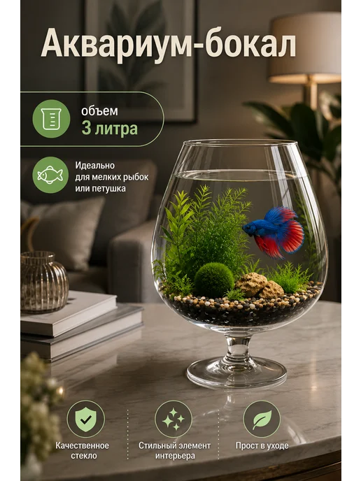 ZooAqua Аквариум бокал 3 литра для рыбок, петушка, круглый, белый