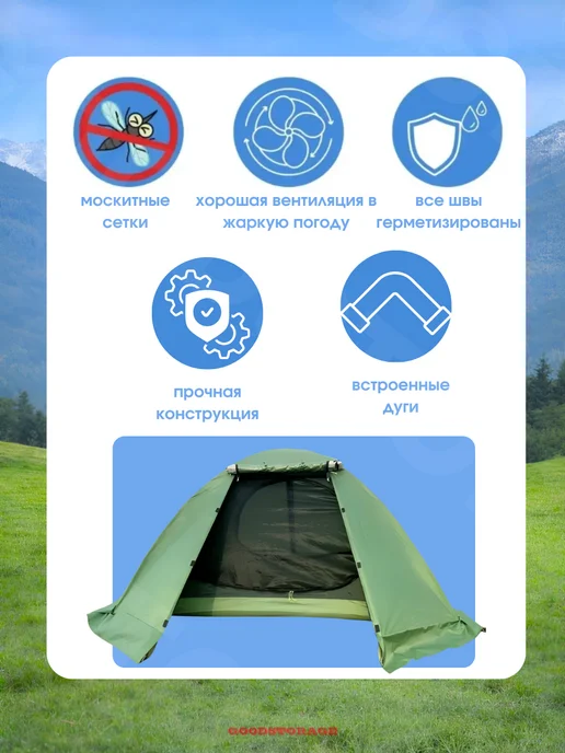 GOODSTORAGE Палатка туристическая двухместная Mir-6102G, зеленый, фото 3