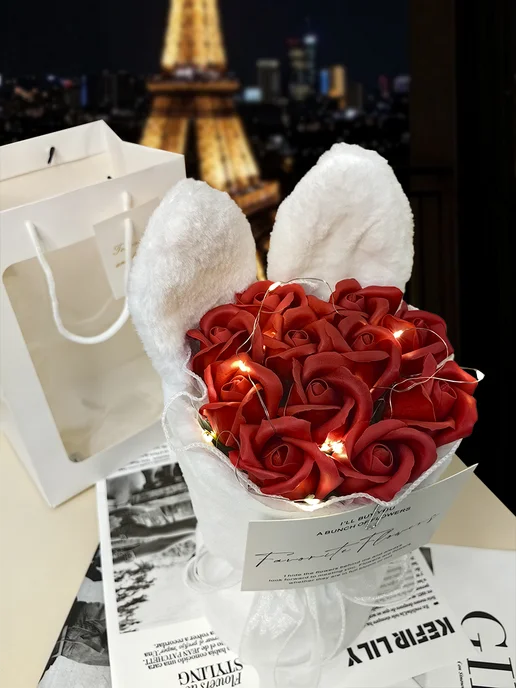 KALMYKIA flowers Букет из искусственных цветов плюшевый подарок на праздник, красный, фото 2