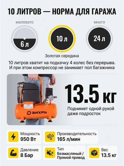 Компрессор воздушный 10 литров поршневой безмасляный — фото 4