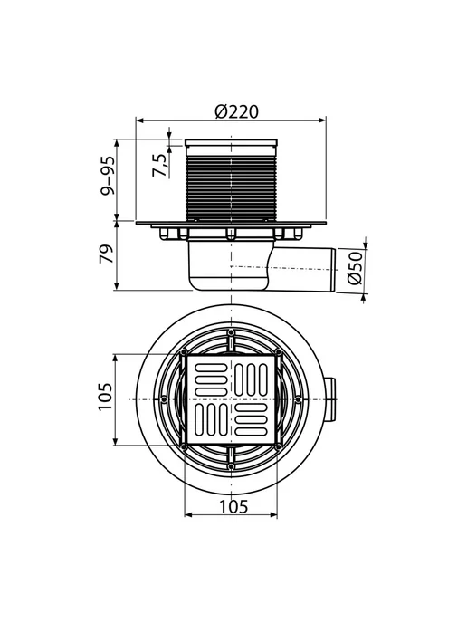 Alcaplast Трап сливной 105х105 50 вых.гор нерж.реш APV1321, 105x105, фото 2