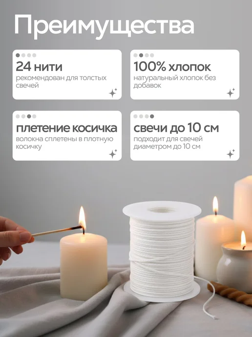 Mulinika Palette Фитиль для создания восковых свечей хлопковый, белый, фото 2