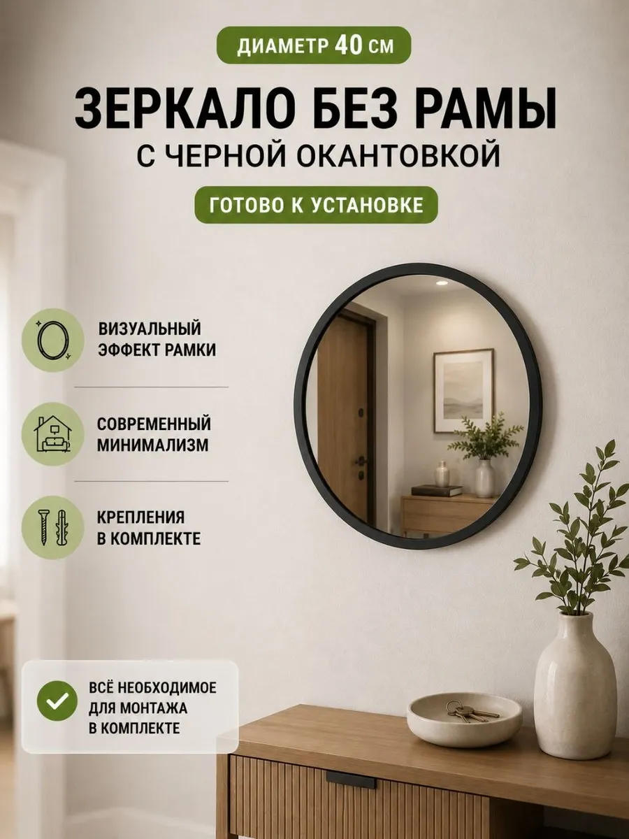Зеркало настенное круглое с черной окантовкой 40 см