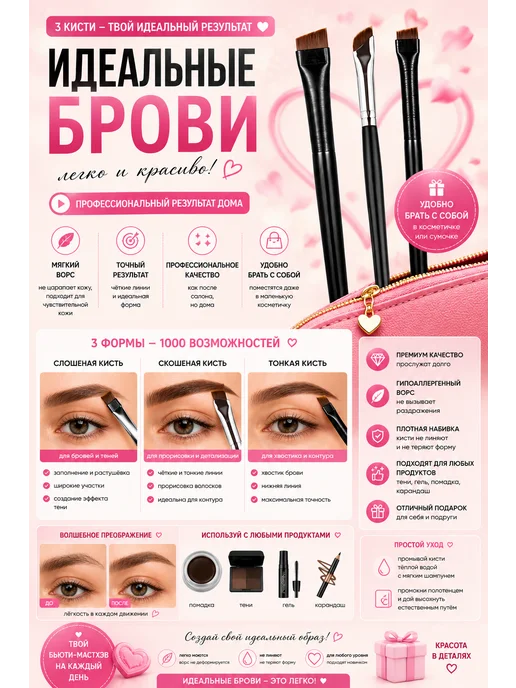 Made for Beauty Набор скошенных кистей для бровей и стрелок узкая, широкая, черный, фото 5