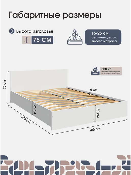 Пора Спать Двуспальная кровать Амелина 160х200 см, Белая, 160x200 см, фото 2
