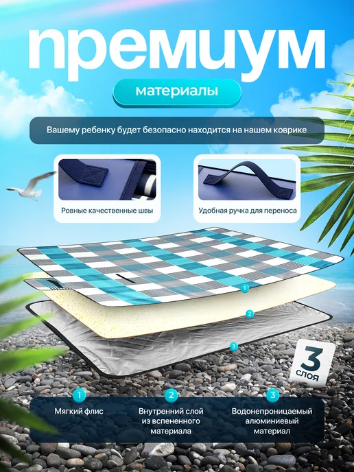 Sea Enjoy Пляжный коврик с колышками большой для гальки 200х200 см, вариант, фото 7