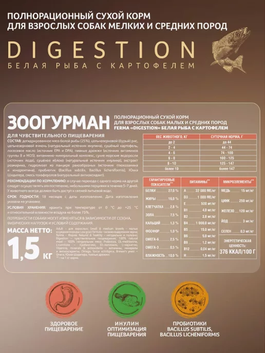 Сухой корм FERMA для собак, мелкие, средние, рыба, 1,5 кг, фото 6