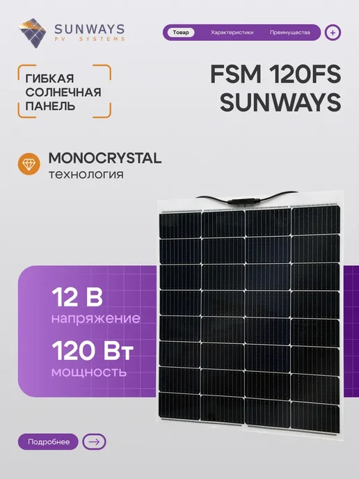 Sunways Солнечная панель для дома батарея 120Вт FSM 120FS 12В, 120 Вт