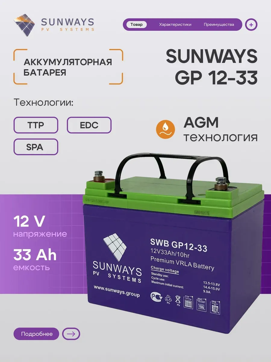 Аккумулятор для ИБП SUNWAYS GP 12В 33Ач AGM 12V/33Ah