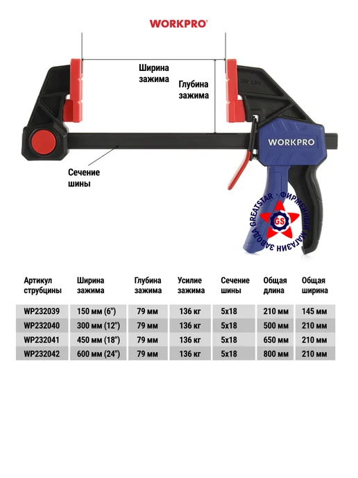 WORKPRO Струбцина F-образная 150 мм 6 дюймов, WP232039, вариант, фото 2
