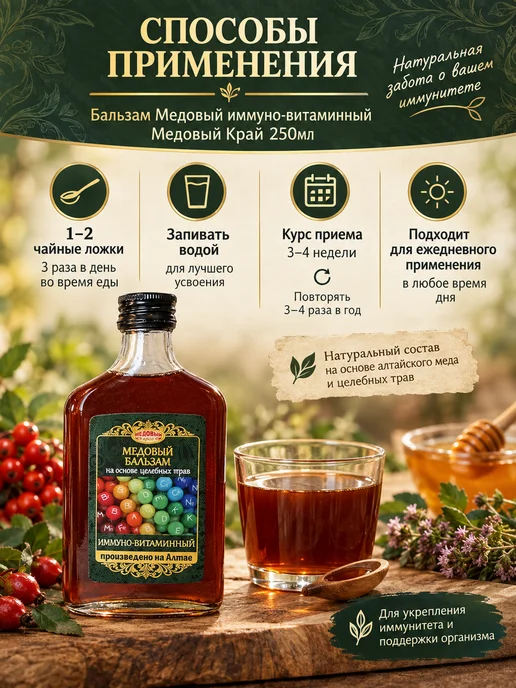 Медовый край Бальзам медовый иммуно-витаминный на травах 250 мл, 250 мл, 1 шт, фото 3