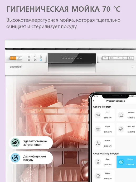 Отдельностоящая посудомоечная машина Comfee CDW452WI, Wi-Fi, 8 программ, самоочистка, экспресс-мойка, отложенный старт, вариант, фото 6