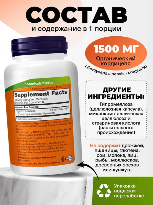 NOW Китайский гриб Кордицепс 750 мг добавка для энергии и тонуса, вариант, фото 2