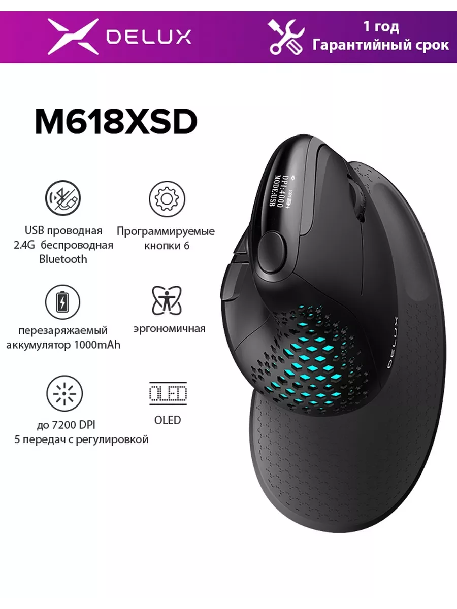 M618XSD Seeker Вертикальная беспроводная проводная мышь Delux 214068622  купить за 3 254 ₽ в интернет-магазине Wildberries