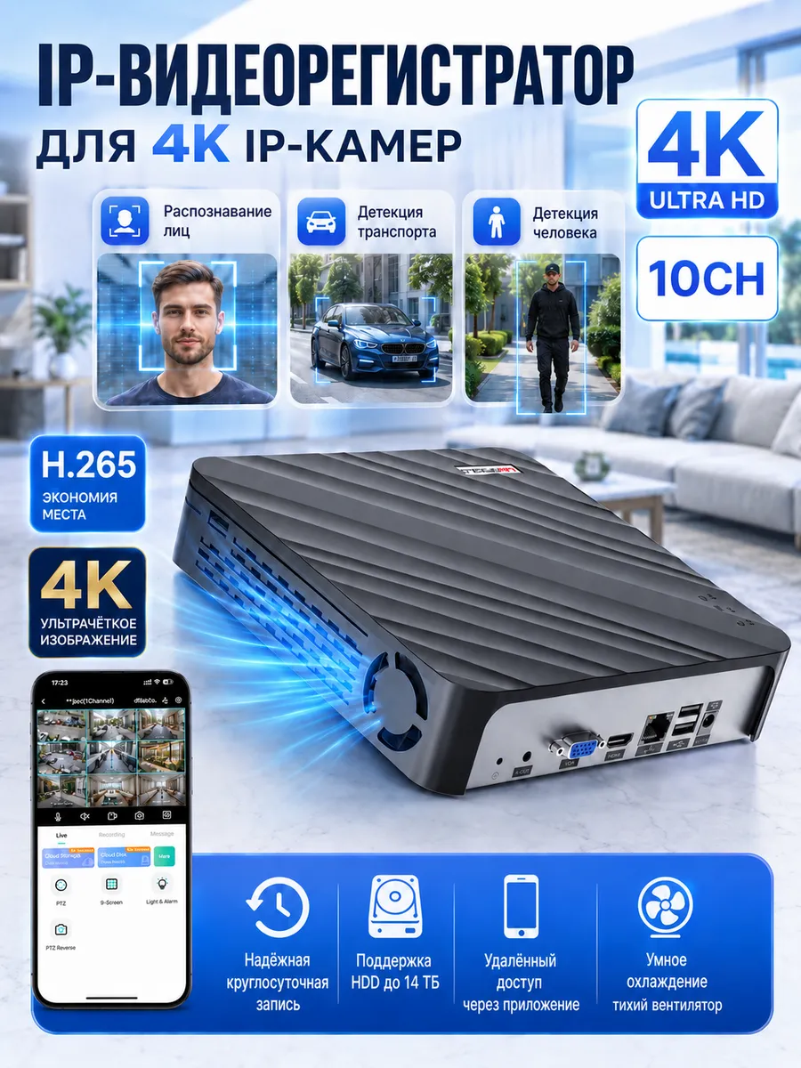 Видеорегистратор NVR 10 IP камер HDD до 14TB (НЕ входит HDD)