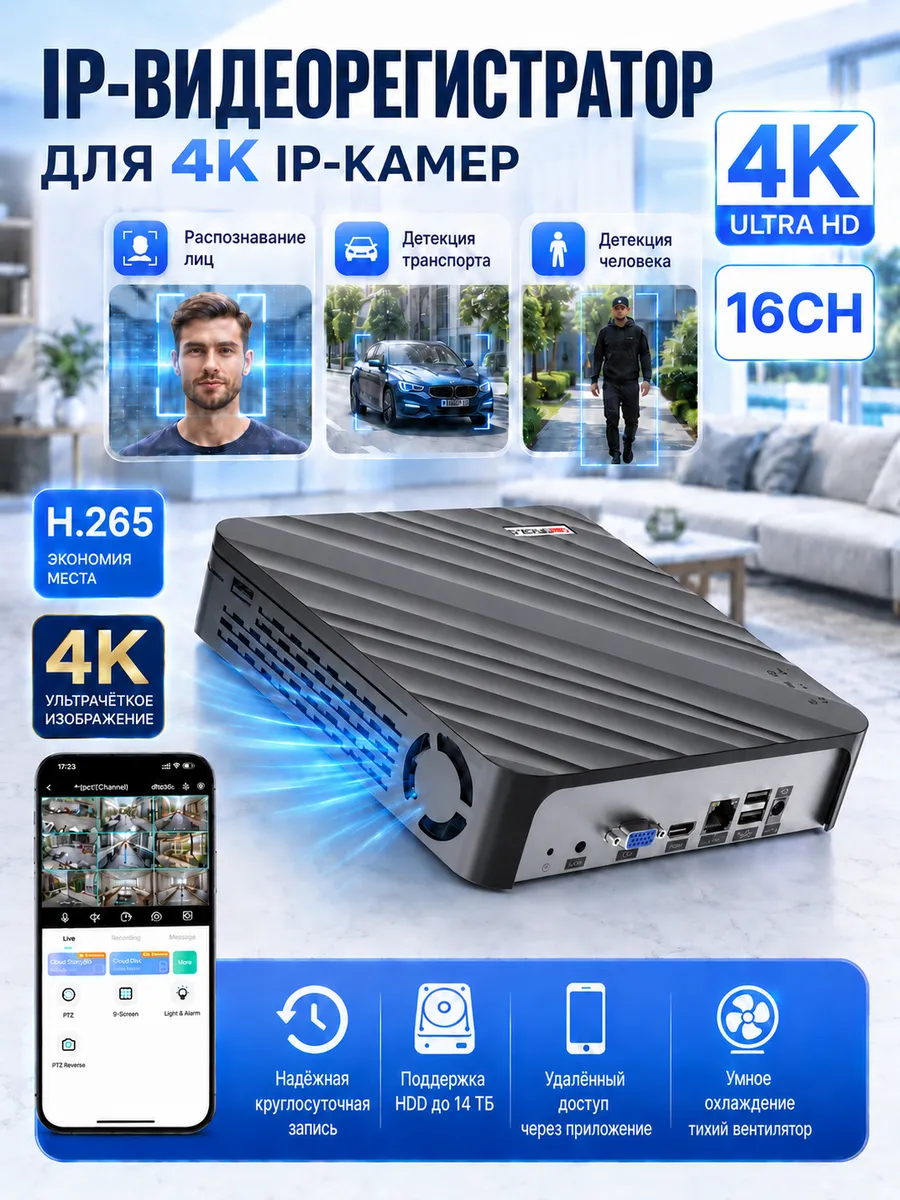 Видеорегистратор NVR 16 IP камер HDD до 14TB (НЕ входит)