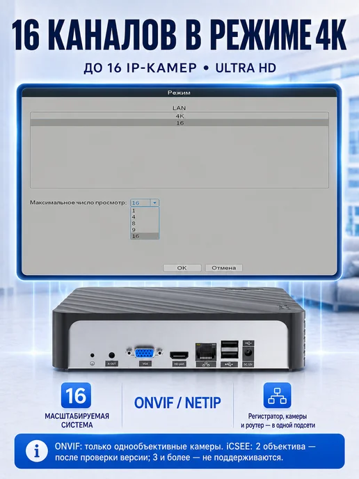 USAFEQLO Видеорегистратор NVR 16 IP камер HDD до 14TB (НЕ входит), 14 ТБ, фото 2