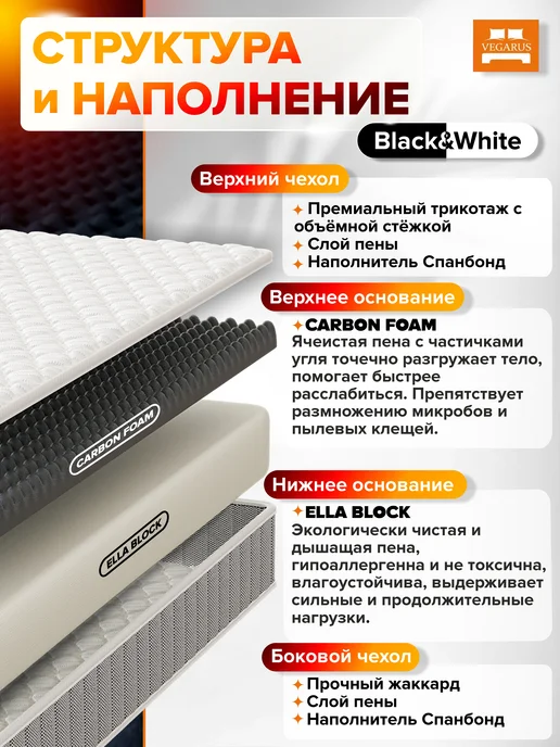 VEGARUS Матрас 140х190 на кровать беспружинный анатомический, вариант, фото 2