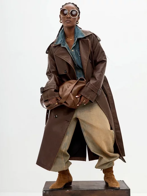 TOP COLLECTION Кожаный плащ тренч длинный с поясом, коричневый, фото 2