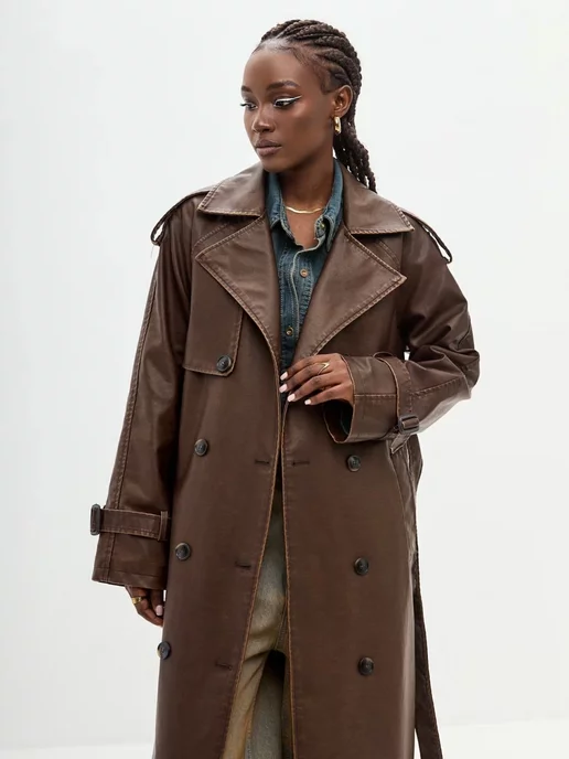 TOP COLLECTION Кожаный плащ тренч длинный с поясом, коричневый, фото 7