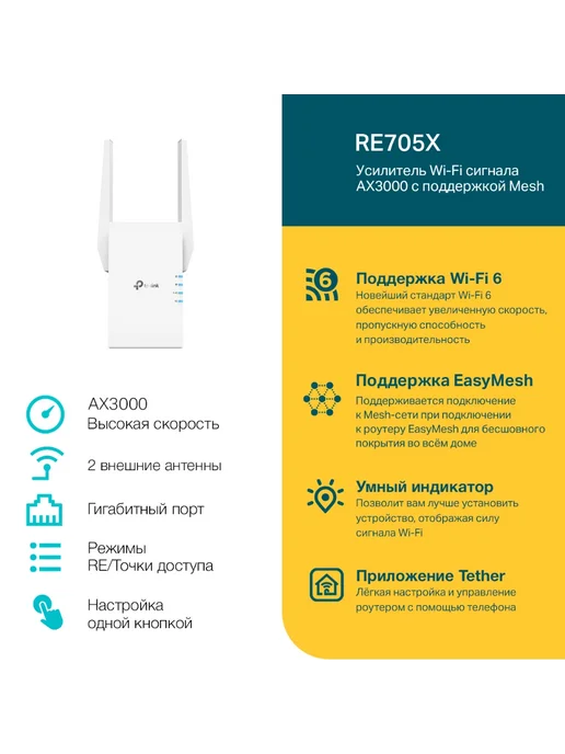 TP-link Усилитель Wi-Fi RE705X 2.4-5ГГц AX3000, RJ45 1Гбит с, Mesh, 705x2.45, фото 2