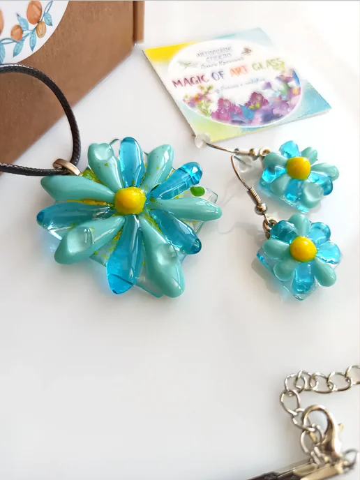 magicofartglass Кулон и серьги комплект бижутерии из ювелирного стекла, голубой, фото 6