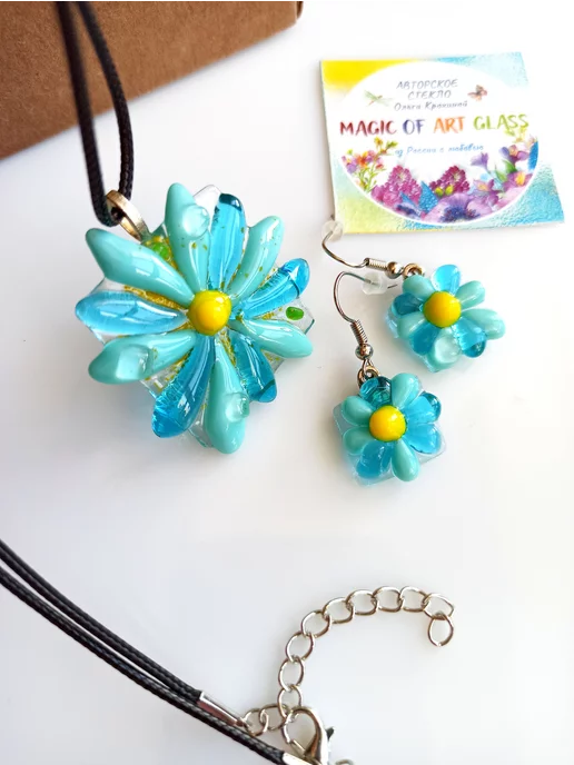 magicofartglass Кулон и серьги комплект бижутерии из ювелирного стекла, голубой, фото 7