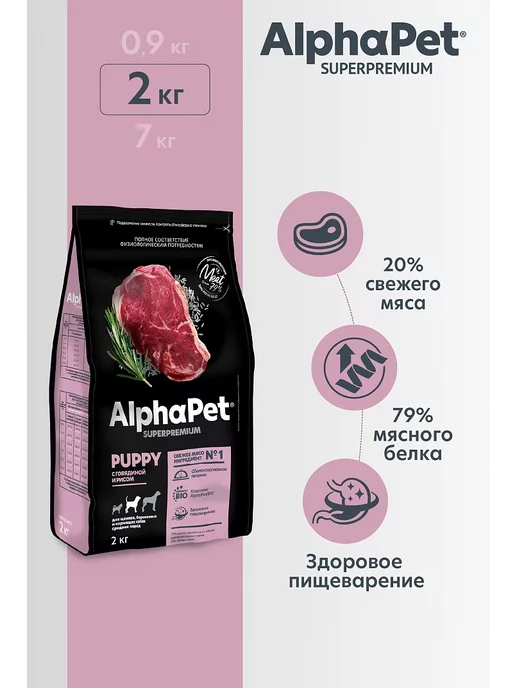 Сухой корм AlphaPet для собак, средние, щенки, 2 кг, фото 2