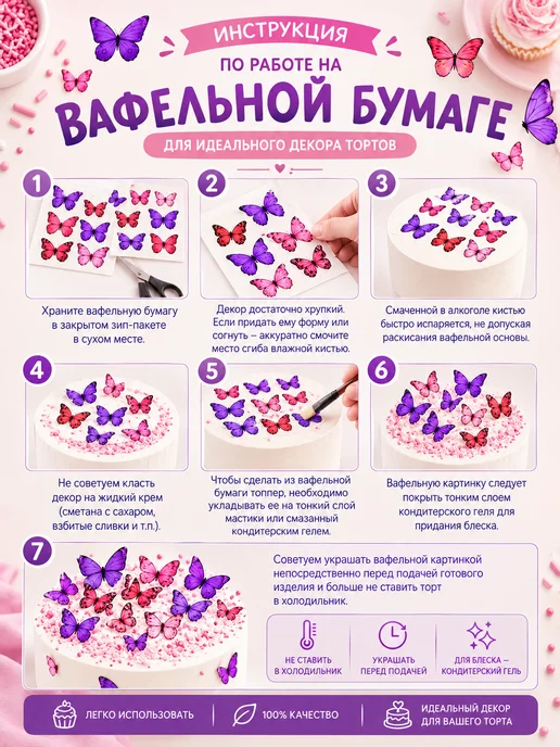 KOPYINK Украшения для торта. Вафельные бабочки, розовый, фото 3