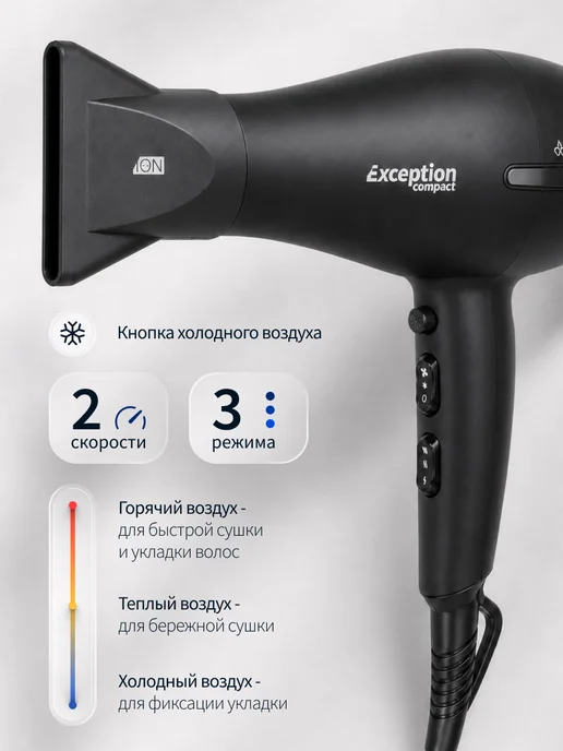 DEWAL Фен для волос профессиональный Exeption Compact, черный, фото 4
