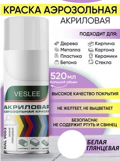 Аэрозольная акриловая краска белая глянцевая 520 мл Veslee 215276496 купить за 411 ₽ в интернет-магазине Wildberries