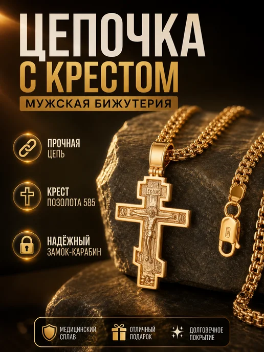 Fallon Jewelry Цепочка на шею с крестом мужская позолоченная, желтый
