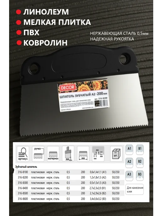 Шпатель зубчатый А2, зуб 1,8х1,5 для клея, 200 мм, 1.8x1.5, фото 2