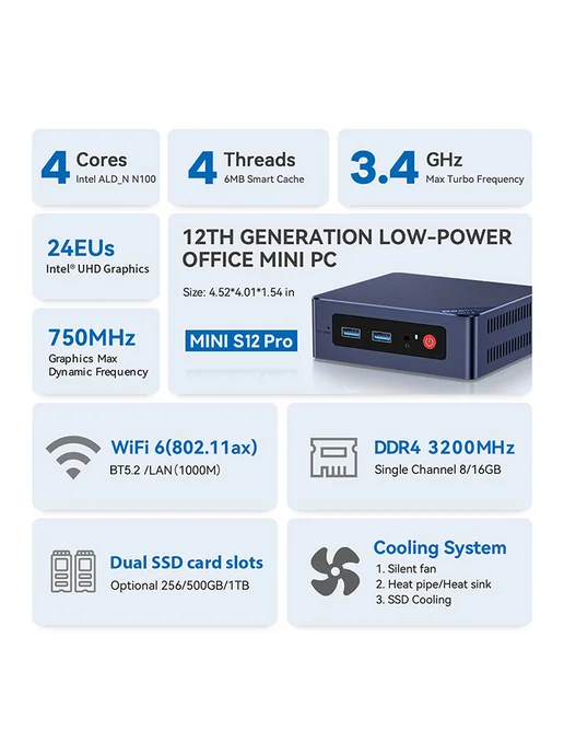 Beelink Мини ПК MINI S12 Pro N100 16Гб 500Гб миникомпьютер, 16 ГБ, 500 ГБ, фото 5