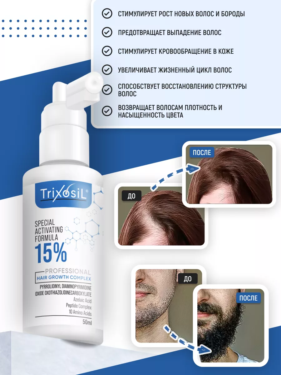 Лосьон 15% TRIXOSIL для роста волос и бороды TRIXOSIL 215523846 купить за 3  175 ₽ в интернет-магазине Wildberries