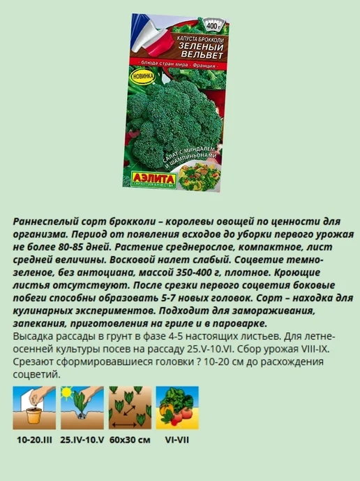 Агрофирма АЭЛИТА Семена капусты брокколи Зеленый вельвет, зеленый, фото 2
