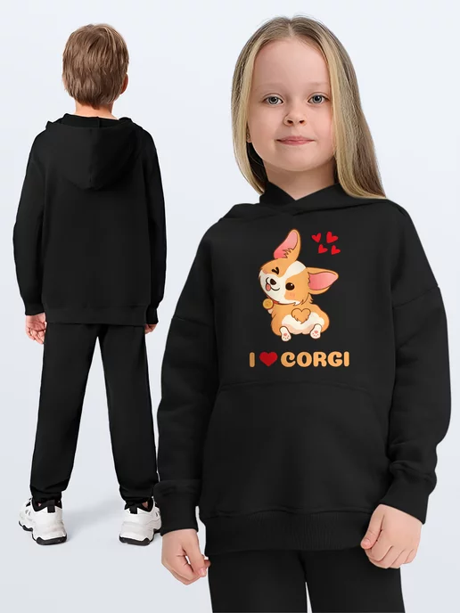 Каждому Своё Kids Детское худи Корги Милые собачки мультяшный стиль одежда, черный