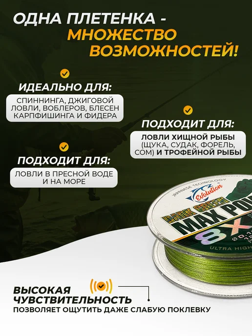 EVOLUTION Плетенка для рыбалки 8 жильная 150 м, 0.18 мм PE 1.2, вариант, фото 5
