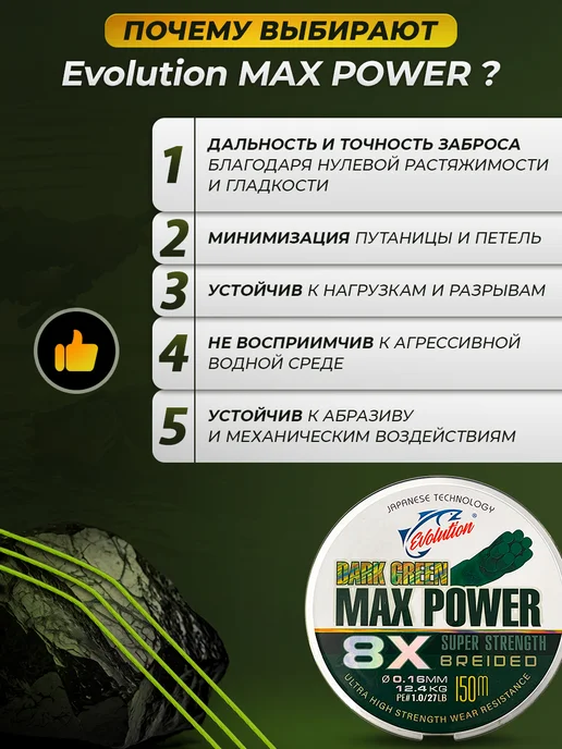 EVOLUTION Плетенка для рыбалки 8 жильная 150 м, 0.18 мм PE 1.2, вариант, фото 7