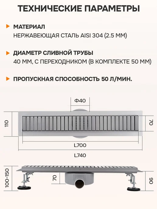 ZEISSLER Трап для душа с решеткой 700 мм, вариант, фото 5
