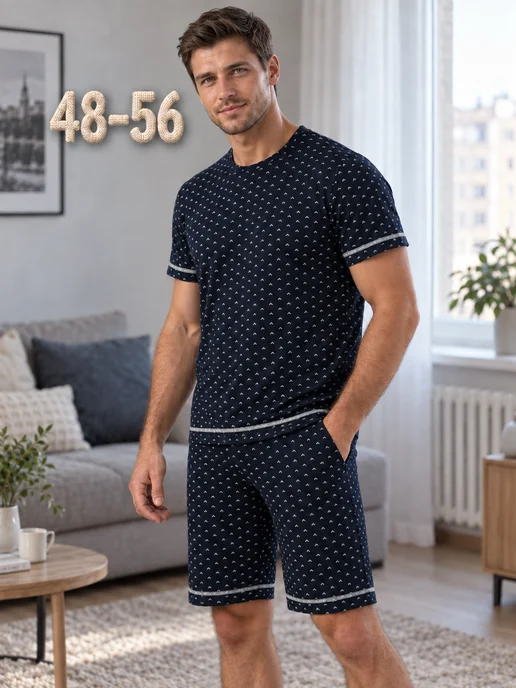 Пижама с шортами и футболкой, синий